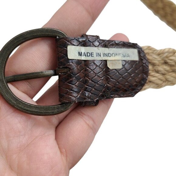 Vintage 80s 90s Women\'s Skinny  Brown Leather Braided Woven Jute Straw Belt main image 4